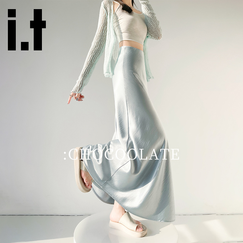 Chocoolate Glossy Silk Satin Skirt for Women, Spring and Summer High-Waisted, Drapey, Hip-Hugging Fishtail Long Skirt
