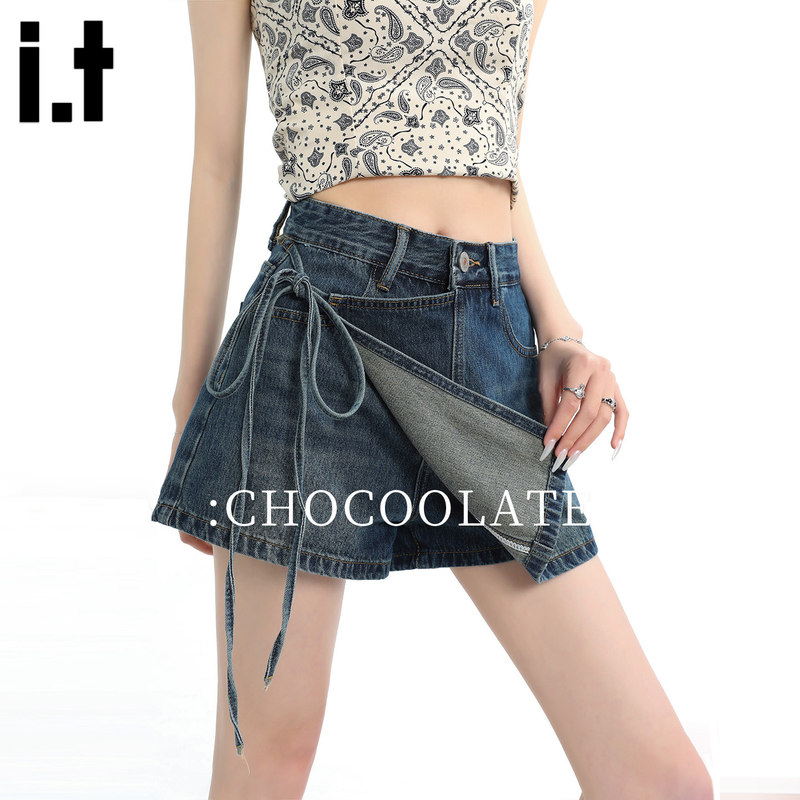 It:Chocoolate Dark Blue Denim Culottes for Women, Spring and Summer High-Waisted Hot Girl Style Lace-Up Design Casual Shorts