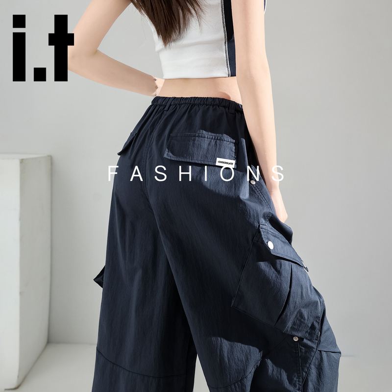 It:Chocoolate Navy Blue Quick-Drying Paratrooper Cargo Pants for Women, Summer Thin Casual Two-Way Wear Wide-Leg Sports Pants It:Chocoolate Navy Blue Quick-Drying Paratrooper Cargo Pants for Women, Summer Thin Casual Two-Way Wear Wide-Leg Sports Pants