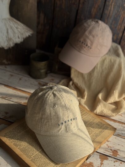 Japanese-Style Pleated Linen Journaey/Travel/Double Letter Embroidery Baseball Cap for Large Head Circumference That Makes the Face Look Smaller