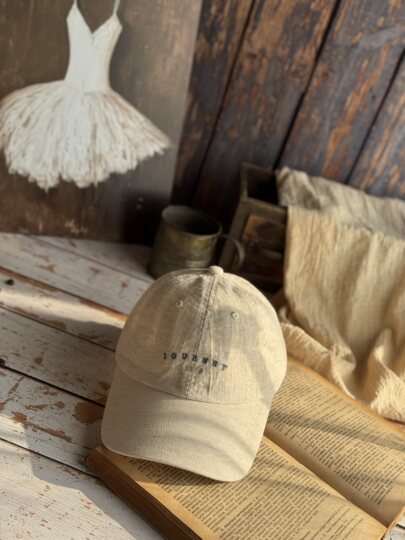 Japanese-Style Pleated Linen Journaey/Travel/Double Letter Embroidery Baseball Cap for Large Head Circumference That Makes the Face Look Smaller