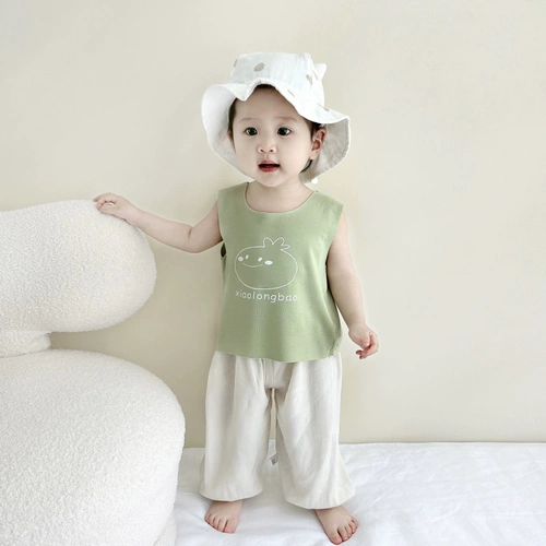 Летний жилет без рукавов подходит для мужчин и женщин для девочек, тонкая мультяшная футболка для раннего возраста, сшит из модала, короткий рукав