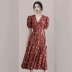 2021 Pháp cổ điển tính khí trà break dress đỏ tay phồng nhẹ nhàng gió cạp cao váy dài za váy hoa - Váy eo cao Váy eo cao