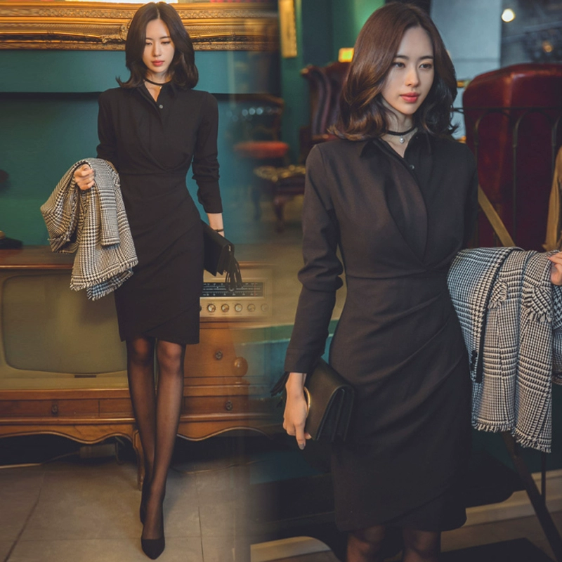 2021 mùa thu mới CV chuyên nghiệp của phụ nữ tính khí là mỏng và bất thường áo sơ mi dài tay cổ chữ V váy - váy đầm
