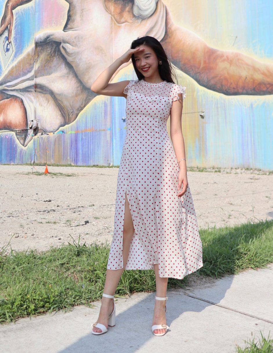 TheCherryPie original design French polka-dot translucent butterfly sleeve temperament waist slit dress