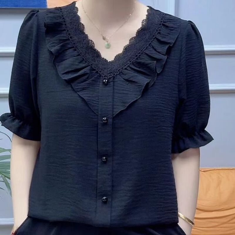 Middle-Aged Women's Lace Chiffon Short-Sleeved Shirt to Cover Belly Fat, New Chinese Style Top with Ruffled Edges, Elegant Blouse