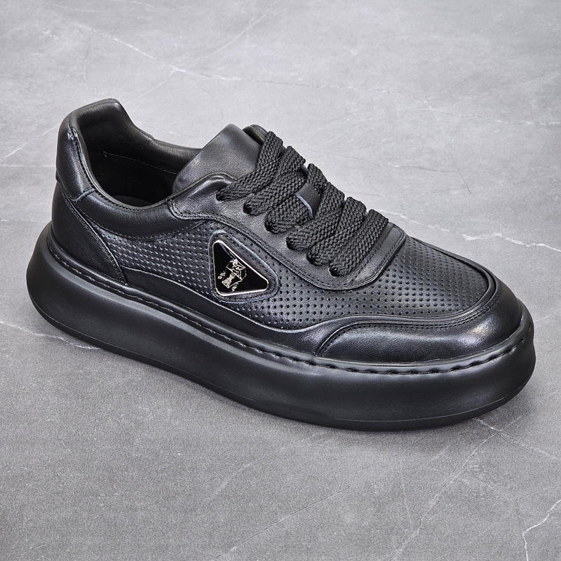Foreign Trade Export Genuine Leather Hollow-Out Men's Shoes, Pure Black Breathable Thick-Soled Sneakers, Lightweight Soft-Soled Versatile Sports and Leisure Shoes for Summer