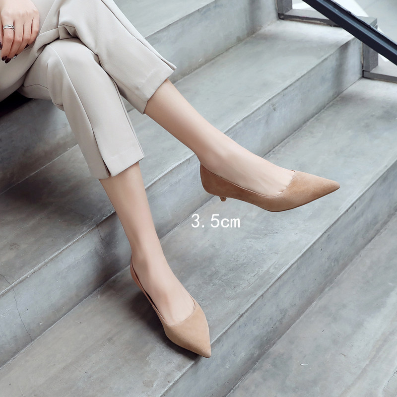 Single shoe woman 2022 Spring paragraph Tip Shallow Mouth 3cm Low heel Heel Genuine Leather Cat Heel shoes apricot 100 hitch heel shoes