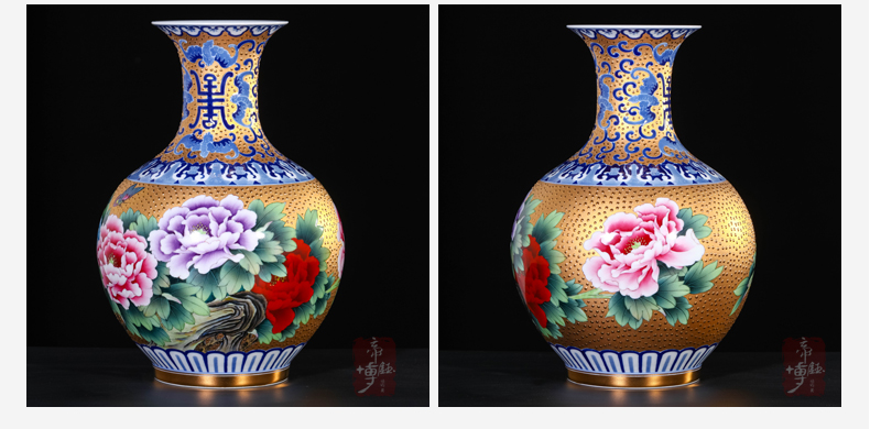 Jingdezhen ceramics hand - made gold peony vases, new Chinese style living room TV ark, flower arranging porch is decorated furnishing articles