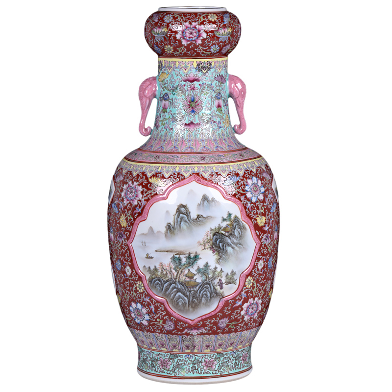 Jingdezhen ceramic vase furnishing articles hand - made archaize pastel landscape trunk garlic bottle of large vases, high copy