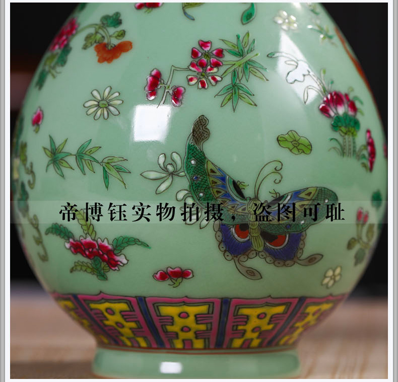 Jingdezhen ceramics pea green butterfly antique hand - made okho spring vase decoration home decoration handicraft furnishing articles