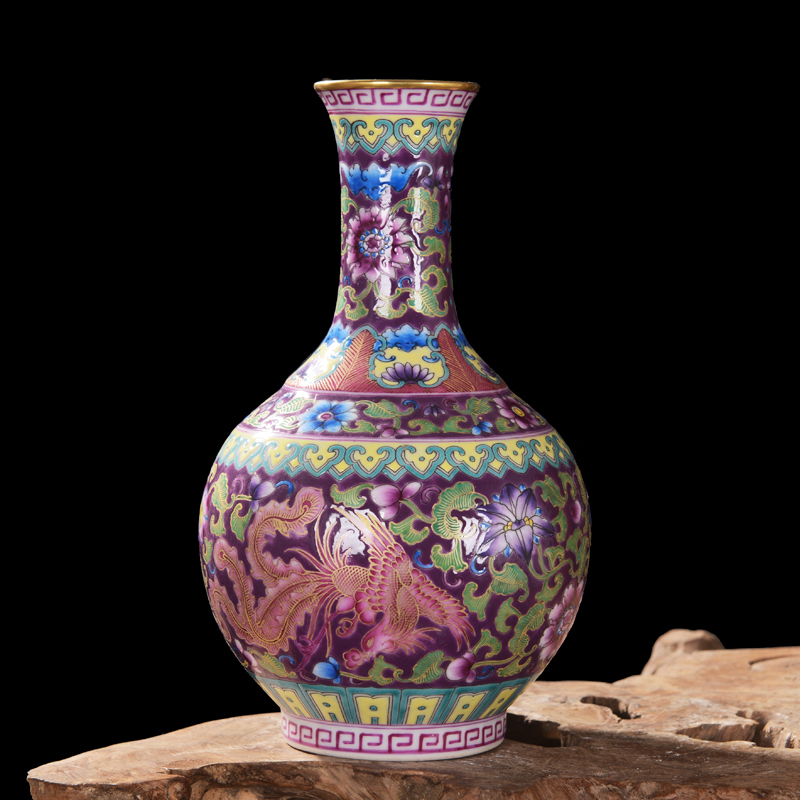 Jingdezhen ceramic high - end antique qianlong double phoenix design sitting room place colored enamel vase home decoration process