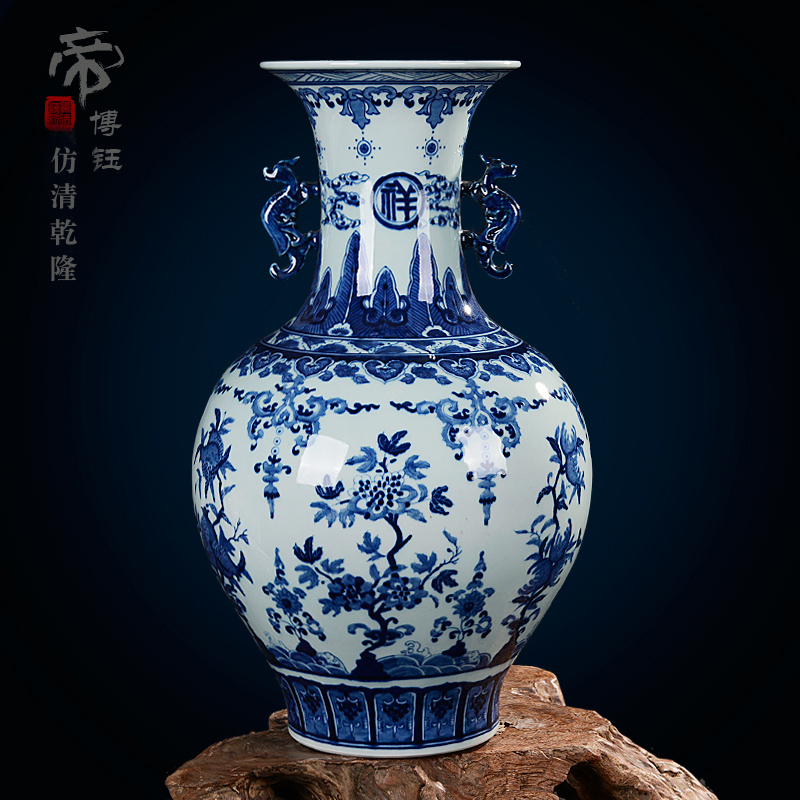 Jingdezhen ceramic vase manual archaize ears blue and white porcelain vase decoration decoration crafts home furnishing articles