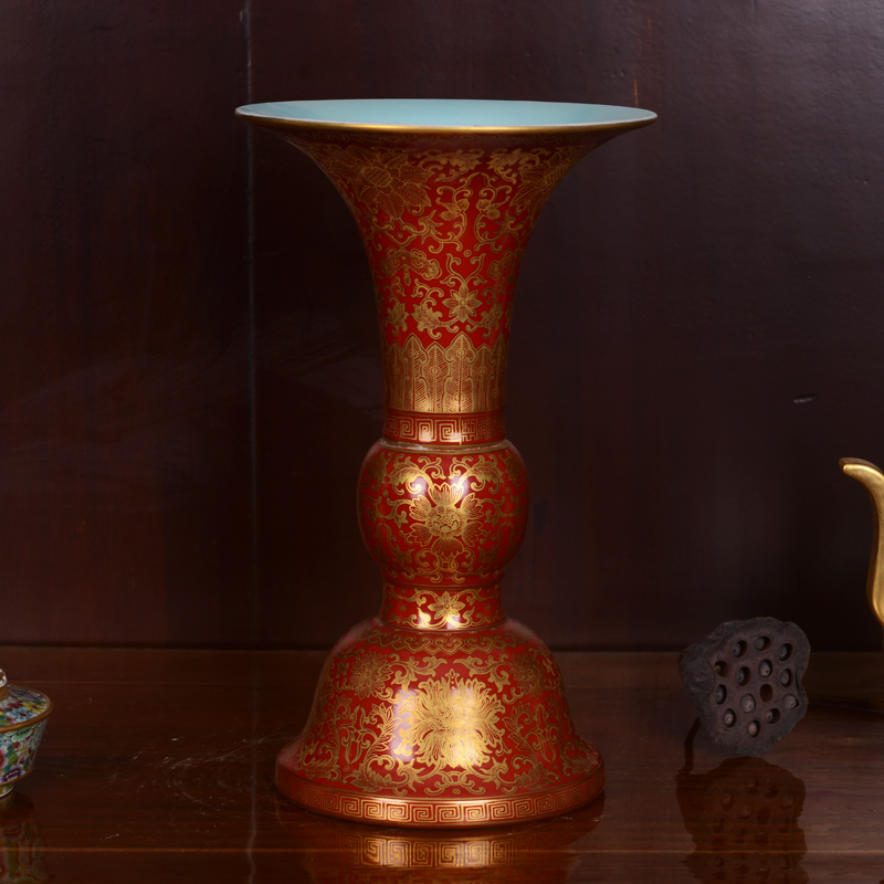 Jingdezhen ceramics high - end antique red groundswell technological sitting room place lotus bottle of home decoration