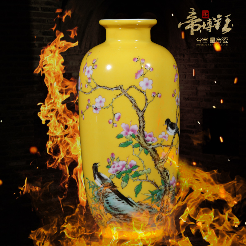 Jingdezhen porcelain furnishing articles yellow glazed colored enamel hand - made ceramic vase and flowers and birds take floret bottle of flower restoring ancient ways