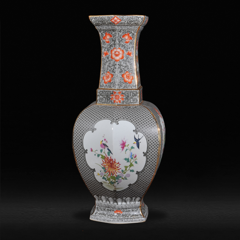 The Qing qianlong year principal climbing flower grey colored enamel painting of flowers and birds in the six - party vases, antique porcelain antique curios furnishing articles