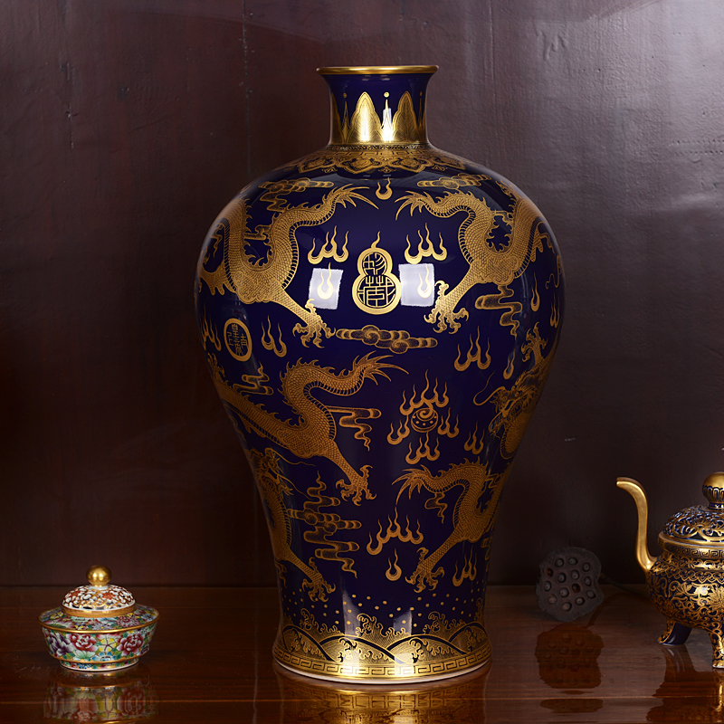 Jingdezhen ceramic vases, antique paint ji blue glaze dragon five Long Mei bottle handicraft home furnishing articles sitting room