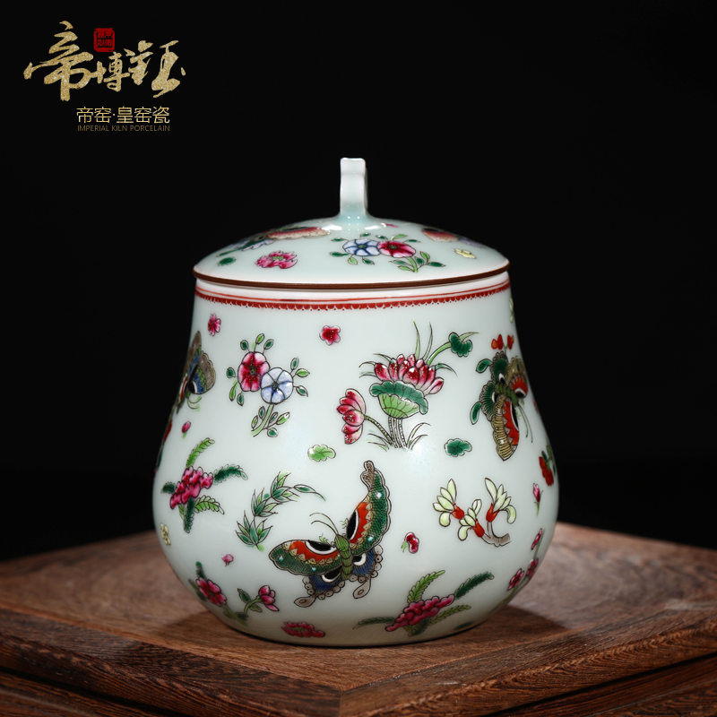 Jingdezhen ceramics antique hand - made azure glaze butterfly tea pot storage tank adornment handicraft furnishing articles