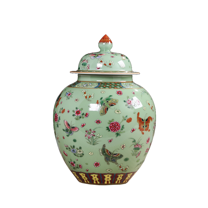 Jingdezhen ceramics the qing yongzheng antique hand - made pea green glaze butterfly tattoo furnishing articles cover pot antique antique collection