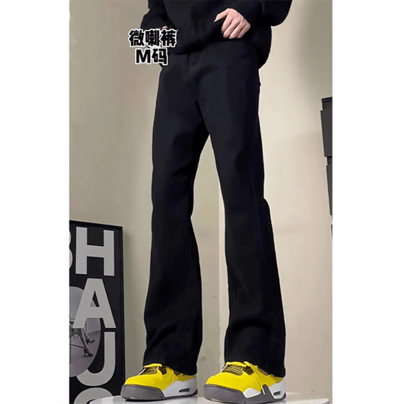 Black Curved Hem Flared Pants for Men, Spring and Autumn Stretch Denim Pants, American High Street Style, Student Pants, Tall Extended Version