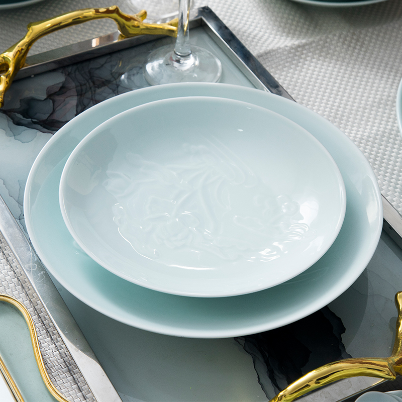 Dishes suit Chinese shadow blue glaze high - grade ipads China tableware suit under the glaze made pottery bowls set household gifts JinHe