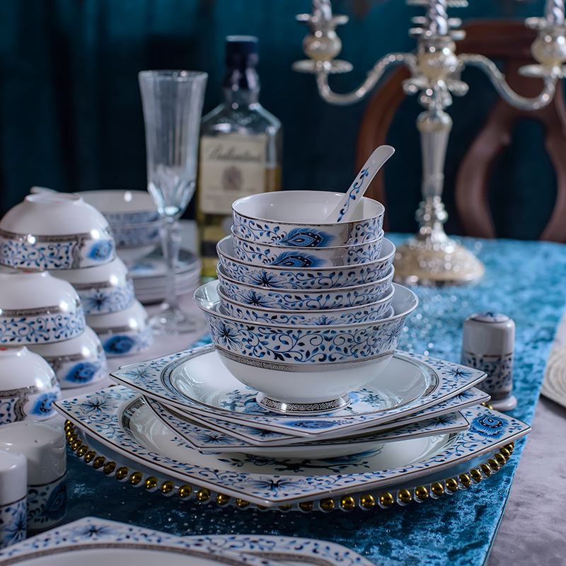 Jingdezhen ceramic tableware suit 70 head of household of Chinese style dishes suit special dishes the table set gift box