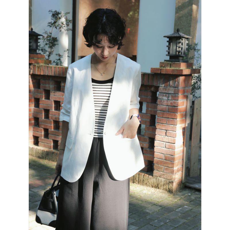 Tt Designer [the Beauty of Intelligence] Lyocell Linen Blend V-Neck Blazer Refreshing Breathable Sun Protection Jacket