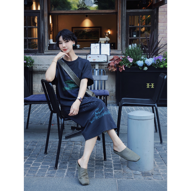 Tt Designer [Korean Style] Pure Cotton Inkjet Printed T-Shirt Dress for Women, Summer Loose Long Straight Dress