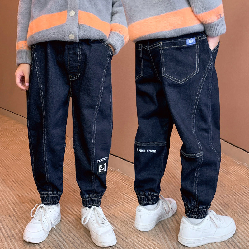 Bala Boys Spring and Autumn Jeans 2022 Big Boys Thickened Trousers Children's Casual Breathable One-piece Fleece Pants