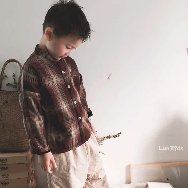 Áo sơ mi nam họa tiết cotton trẻ em và áo nhung cổ điển văn học retro cổ áo sơ mi 2018 áo sơ mi bé trai mùa đông