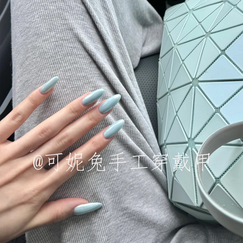 Super Bright Summer Aurora Baby Blue Press-On Nails, Long Almond-Shaped Fake Nails, High-End and Elegant, Hailey Nails, Wedding Nail Pieces