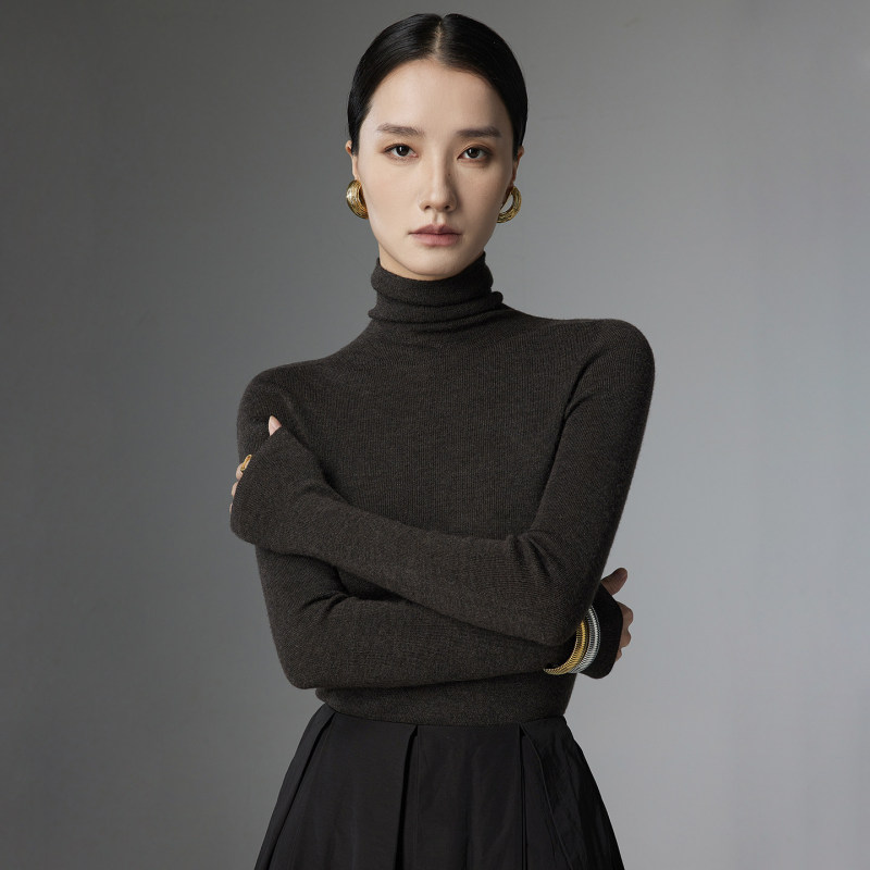 Ordos City Machine Washable 100% Pure Wool Sweater for Women, Ready-To-Wear Base Layer, High-Neck Slim-Fit Knit Sweater