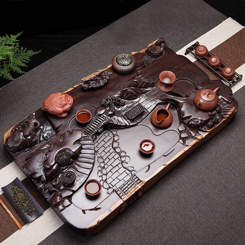 Multi-layer ebony tea tray tea table kung fu tea set tea sea whole piece of solid wood household tea tray large drainage