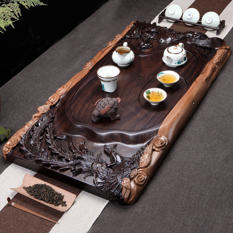 Black Sandalwood Tea Tray Tea Table Rectangular Kung Fu Tea Set Tea Sea Whole Solid Wood Home Tea Tray Drain Dragon Phoenix