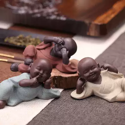 Colored sand pottery tea pet ornaments accessories Purple sand cute Buddha does not listen, does not read, does not say three little monks