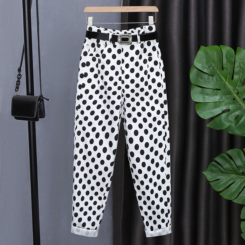 Nine-Point Harem Jeans for Women, Spring and Autumn 2026, New Polka Dot Design, High-Waisted, Slimming, White Pants with Elastic Waistband