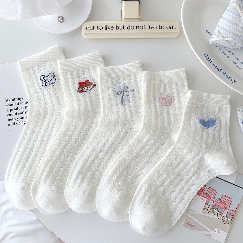 Summer Ultra-Thin Sweet Cartoon Socks for Women, Mid-Calf Cotton Socks, Thin Hollow-Out Cute Japanese-Style Milky White Air-Conditioning Socks for Women