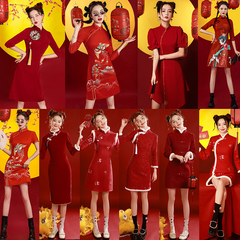 New Year's Red Cheongsam with Fleece Lining, Thickened, Chinese-Style Winter Outfit, New Year's Greeting Attire, Women's National Style Performance Costume New Year's Red Cheongsam with Fleece Lining, Thickened, Chinese-Style Winter Outfit, New Year's Greeting Attire, Women's National Style Performance Costume