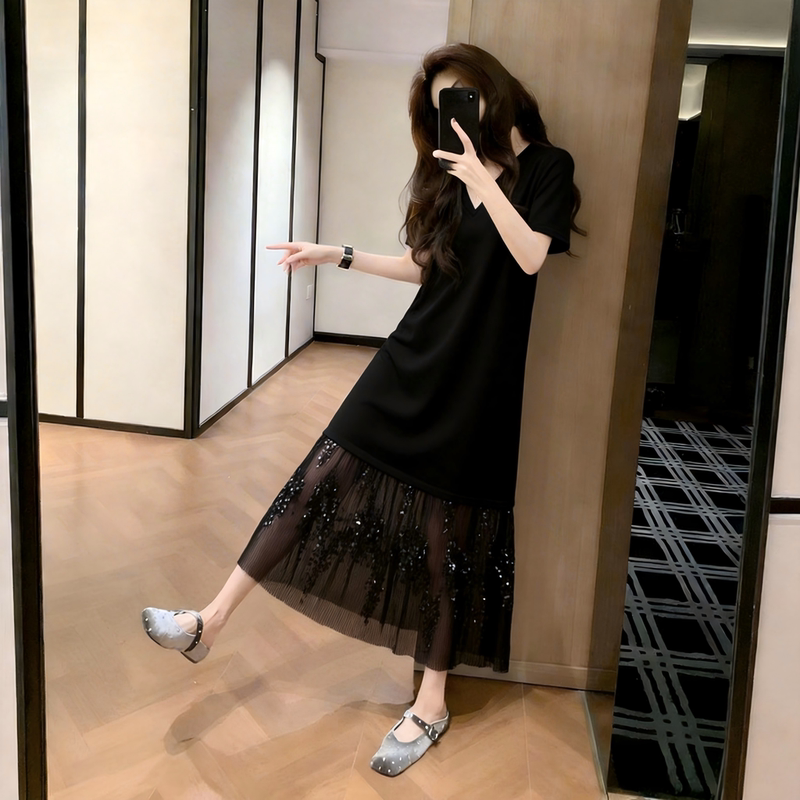 Light Luxury Style Black V Neck Mesh Sequin Splicing Large Size Dress for Women Summer Loose Slimming Elegant Long Skirt