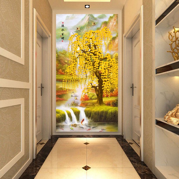 定制8d立体发财树玄关壁纸壁画走廊过道墙纸客厅装饰画进门5D墙布