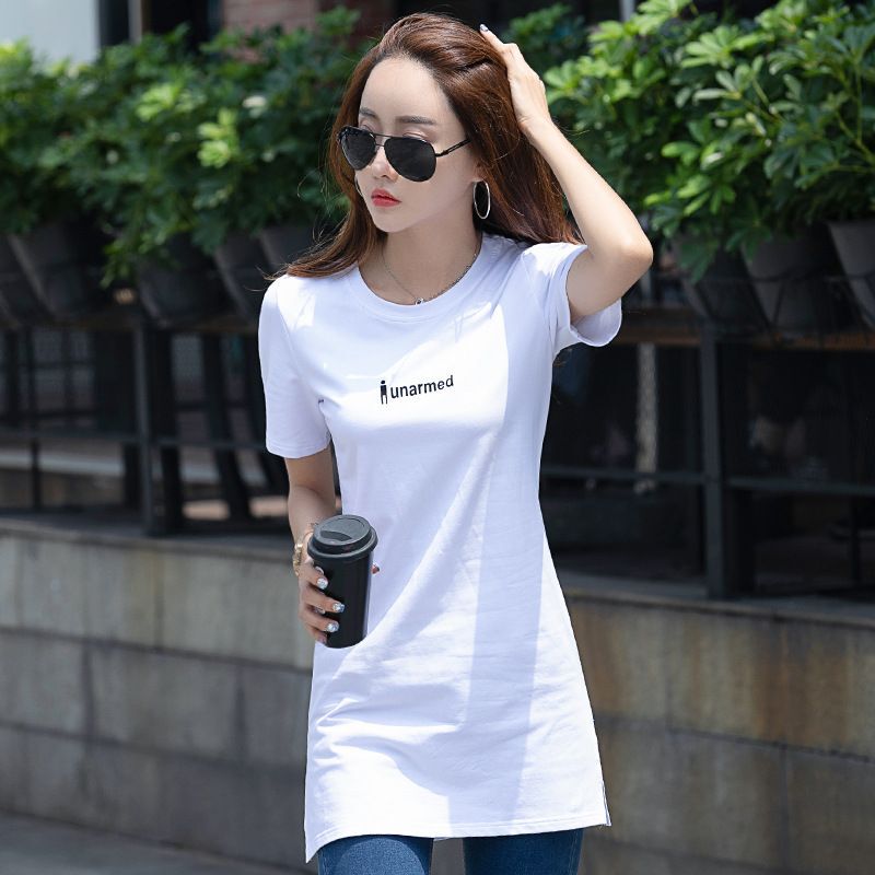 Mid-Length Short-Sleeved T-Shirt for Women That Covers the Buttocks, Paired with Shark Pants, Slim Fit, Slimming, New Summer Style, Pure Cotton Base Shirt