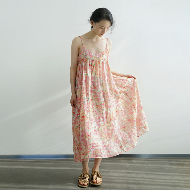 Xunwu 2026 Spring/Summer New Original Vintage Pink Large Floral Strap Dress National Trend Song Dynasty Style Hanfu Long Dress