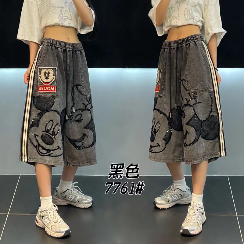 Usa European Goods 2026 Summer New Heavy-Duty Patchwork Mickey Fashion Casual Pants Women's Loose Straight-Leg Cropped Pants