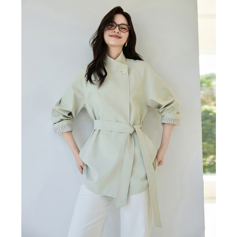 6513273 an'An Mint Mambo Women's Windbreaker Spring Tie-Waist Slimming Korean Style One-Button Elegant Coat