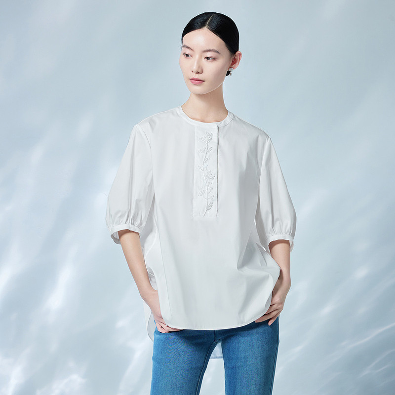 5887766, Finity Summer Casual Round-Neck Half-Sleeve Solid Color Jacquard Versatile Breathable Skin-Friendly Women's Shirt