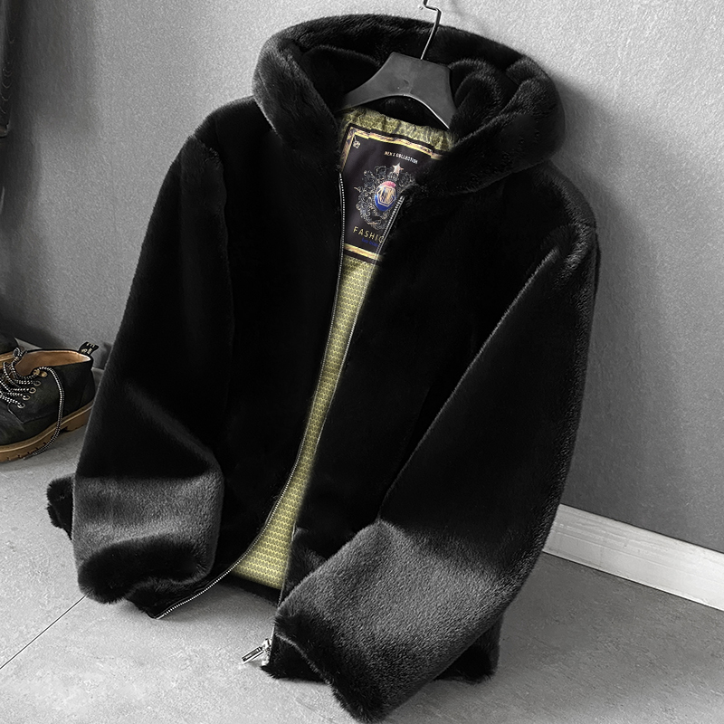 New Winter Men's Faux Fur Coat Mink Fur Coat Slim Fit Hooded Stand-Up Collar Casual Thickened Whole Mink Fur