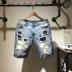 Mùa hè mới thương hiệu hipster lỗ sửa chữa quần short denim nam thẳng hip hop giản dị năm quần - Quần jean quần jean ống suông nam Quần jean