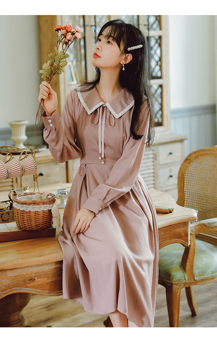 VK旗艦店 韓國風名媛翻領娃娃領長版雪紡長袖洋裝