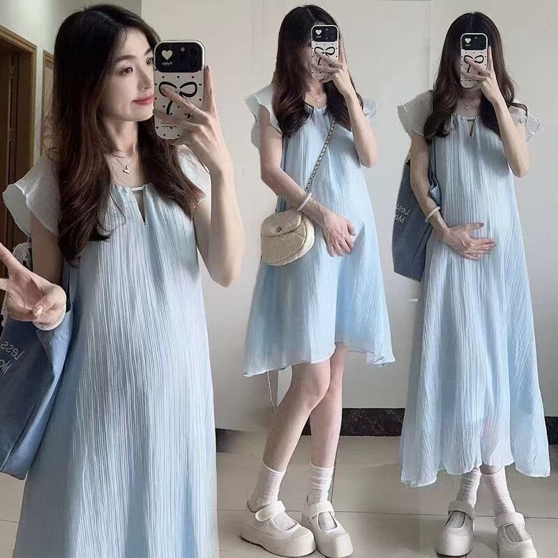 Maternity Dress, Summer Super Fairy-Like, Loose, Lazy, Slimming, Belly-Covering, Lace-Up, Small Flying Sleeves, Mid-Length Skirt for Women