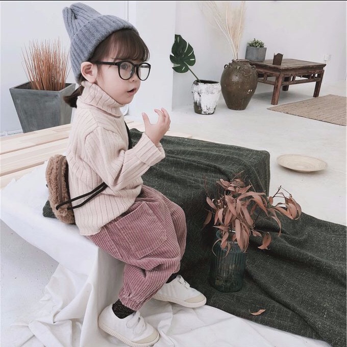 Quần bé gái mùa thu 2018 mới bé nhung kẻ rộng giản dị thường nở hoa trẻ em quần Hàn Quốc đồ bé trai